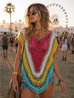Y2K Boho Open Weave Crochet Poncho Rainbow Western Festival Twee Cover Up Shawl